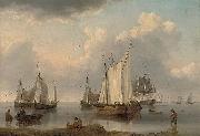 William Anderson A British warship, Dutch barges and other coastal craft on the Ijselmeer in a calm oil painting on canvas